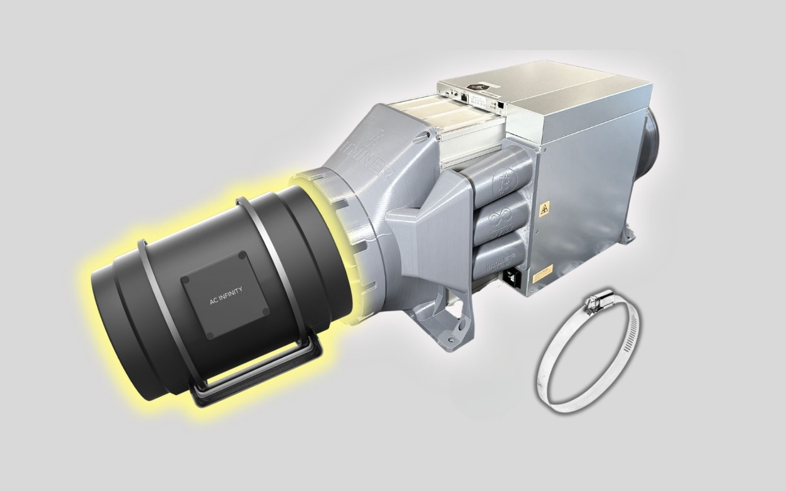 Inline duct fan connected to the exhaust shroud with a hose clamp