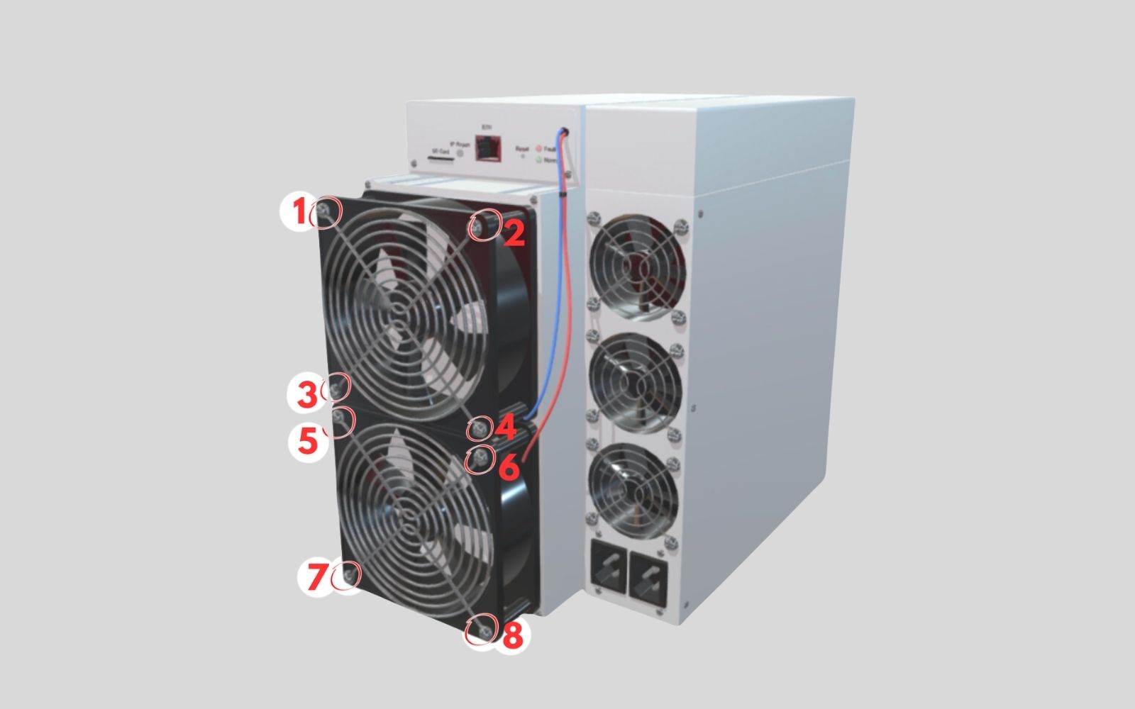Fan screws marked on both sides of the miner